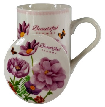 KUBEK Z ZAPARZACZEM CERAMICZNYM I POKRYWKĄ ZAPARZACZ W KWIATY 320ML PREZENT