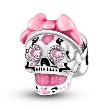 Charms Srebro 925 Zawieszka Różowa Czaszka z kokardką Halloween