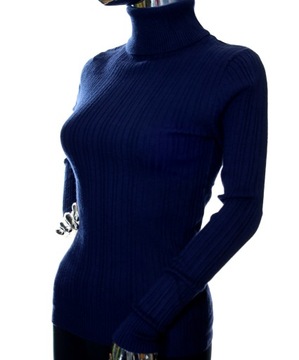 Damski sweter z golfem golf w prążek prążkowany z wiskozą XS, S granatowy