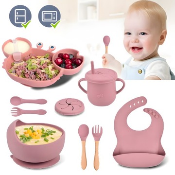 Набор для детской столовой из 9 предметов с силиконовыми аксессуарами, не содержащими BPA.