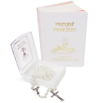 ZESTAW KOMUNIJNY KSIĄŻECZKA + RÓŻANIEC + ETUI