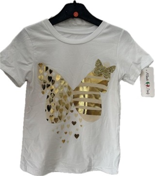 T-SHIRT KOSZULKA DZIEWCZĘCA ZŁOTO - BIAŁA 134-140
