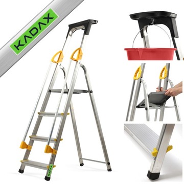 DRABINA ALUMINIOWA DOMOWA 4 STOPNIOWA SKŁADANA Z PORĘCZAMI PÓŁKA +HAK