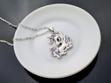 Детское серебряное ожерелье с единорогом, лошадь, стразы, конская цепь
