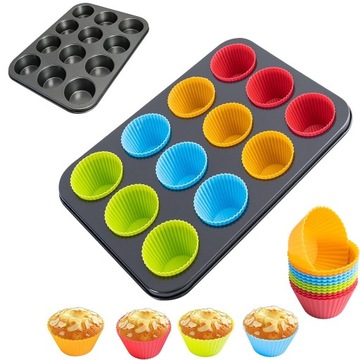 BLACHA FORMA DO PIECZENIA NA BABECZEK MUFFIN MUFFINEK+12 SILIKONOWYCH FOREM