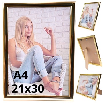 RAMKA NA ZDJĘCIA ZŁOTA FOTO RAMKA A4 21x29,7cm ZE SZKŁEM PION POZIOM PROSTA