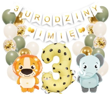 Balony 3 urodziny dekoracje zwierzątka safari zoo