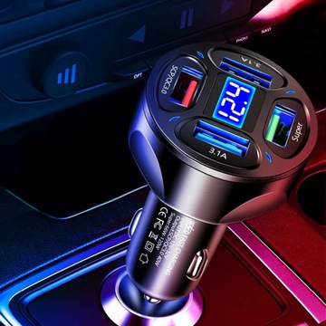 БЫСТРОЕ АВТОМОБИЛЬНОЕ ЗАРЯДНОЕ УСТРОЙСТВО 4x USB QC 66 Вт + 3 В 1 USB C МИКРОКАБЕЛЬ ДЛЯ ОСВЕЩЕНИЯ