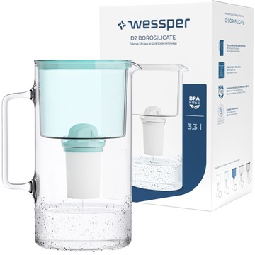 Dzbanek filtrujący szklany Wessper 3,3l Miętowy + 1x Filtr aquaclassic