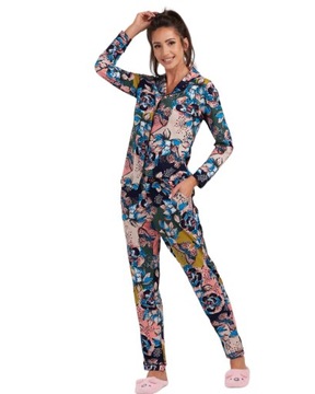 Piżama damska ciepła komplet z długim rękawem spodnie kolorowa w kwiaty 2XL
