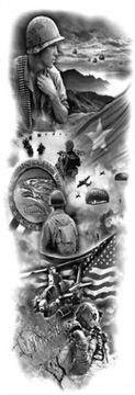 Tatuaż rękaw WOJNA żołnierz helikopter samolot spadochro BÓG HONOR OJCZYZNA