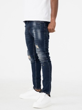 SPODNIE JEANSOWE MĘSKIE WYTARCIA MODNE i8 Denim Skinny Ciemne Niebieskie 30