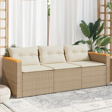 vidaXL Sofa ogrodowa z poduszkami, 3-osobowa, beż, polirattan