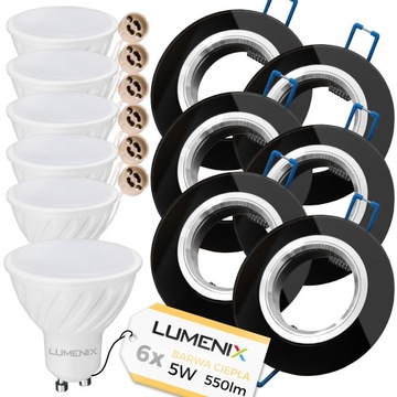 Zestaw 6x oprawa Okrągła Szklana Czarna Lustro + żarówka GU10 LED 5W Ciepła