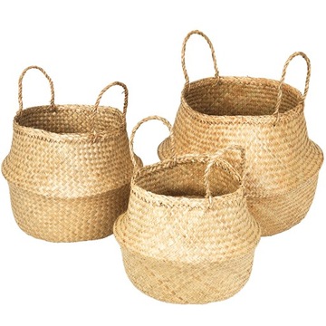 ZESTAW 3 KOSZY Z TRAWY MORSKIEJ NATURALNE BOHO