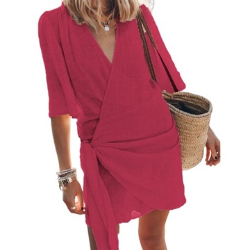 Simple Women Cotton Linen V-Neck Dress 2024 Office