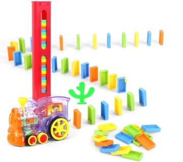 KOLEJKA POCIĄG LOKOMOTYWA UKŁADAJĄCA KLOCKI DOMINO