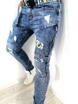 Spodnie męskie jeans jasne dziury zamki Pasek R 36