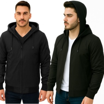 MĘSKA KURTKA JESIENNA PRZEJŚCIOWA OCIEPLANA CZARNA PLUS SIZE Z KAPTUREM 4XL