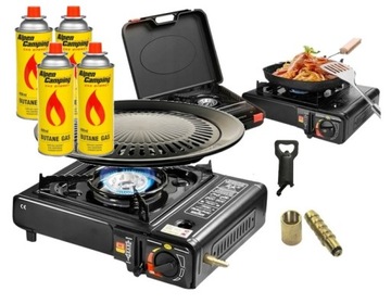 ТУРИСТИЧЕСКАЯ ГАЗОВАЯ ПЛИТА 2в1 С РЕДУКТОРОМ + ГРИЛЬ + 4 ГАЗОВЫХ БАЛЛОНА