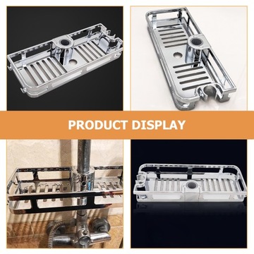 Аккуратная угловая полочка с держателем для шампуня и органайзером для душа.