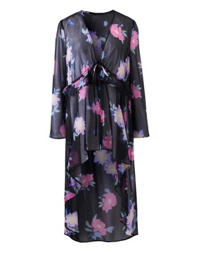 Kimono w kwiaty z elastyczną talią czarne 5XL 50