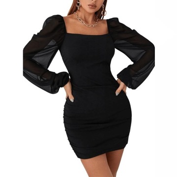 ЭЛЕГАНТНОЕ ВЕЧЕРНЕЕ ПЛАТЬЕ, МОДНОЕ МИНИ, ДЛИННЫЙ РУКАВ, ВЫРЕЗ, ЧЕРНОЕ L 40
