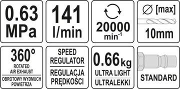 ПНЕВМАТИЧЕСКАЯ Дрель YATO ПРЯМОШЛИФОВАЛЬНАЯ 10 мм