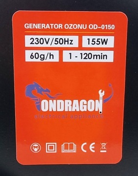 МОЩНЫЙ ГЕНЕРАТОР ОЗОНА ONDRAGON 60 000 МГ/Ч ОЗОНАТОР 155 Вт + ТАЙМЕР OD0150