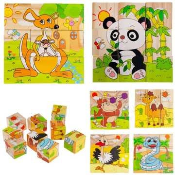 KLOCKI DREWNIANE PUZZLE UKŁADANKA ZWIERZĘTA 6W1 Zoo dla dzieci 9 elementów