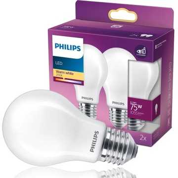 PHILIPS ZESTAW 2x Żarówka LED E27 8,5W = 75W 2700K CIEPŁA BIAŁA 1055lm A60