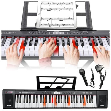 DUŻY KEYBOARD PIANINO ORGANY PODŚWIETLANE KLAWISZE LED DO NAUKI + STATYW
