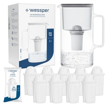 Dzbanek filtrujący szklany Wessper 3l Szary + 10x Filtr aquaclassic 77g