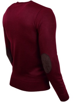 Bordowy męski sweter wełniany klasyczny z łatami K28 r. XXL