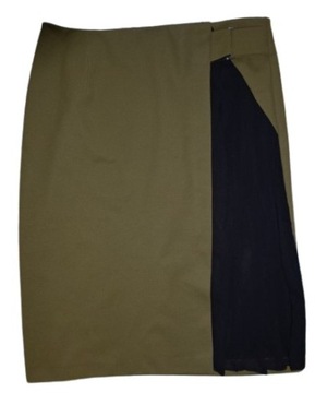 ZARA oliwkowa spódnica prosta z szyfonową wstawka klamerka r.L