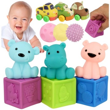 MIĘKKIE KLOCKI SENSORYCZNE DLA DZIECI AUTA ZESTAW 12SZT GRYZAKI DO KĄPIELI