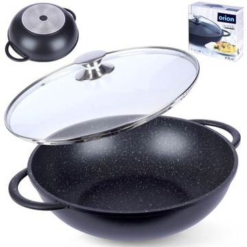 Głęboki WOK patelnia granitowa z pokrywką do smażenia ORION GRANDE 32 cm