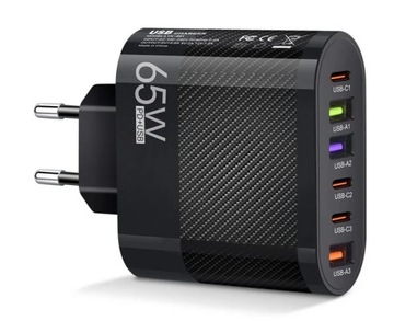 ZASILACZ ŁADOWARKA 65W 3 PORTY USB-A i 3 PORTY USB-C SZYBKIE ŁADOWANIE QC3