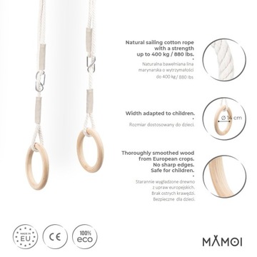 Гимнастические кольца MAMOI для детей, Регулируемые поворотные обручи + крючок