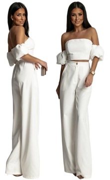 STYLOWY KOMPLET SET DAMSKI SZEROKIE SPODNIE KRÓTSZY TOP Z BUFKAMI KOBIECY