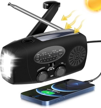 PRZENOŚNE RADIO SOLARNE Z KORBKĄ RĘCZNĄ, DYNAMO, AM/FM, AKUMULATOR 2000 MAH