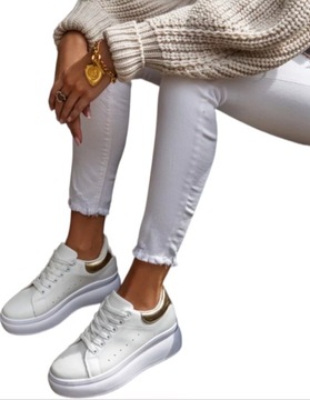 Damskie Półbuty Skórzane Sneakersy Sportowe na Platformie Białe Złote r 39