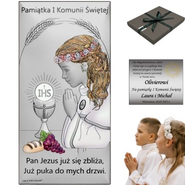 PAMIĄTKA I KOMUNII ŚWIĘTEJ Srebrny Obraz na Komunię dla dziewczynki GRAWER