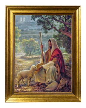 JEZUS DOBRY PASTERZ | OBRAZ SAKRALNY NA PŁÓTNIE | ZŁOTA RAMA 30X40