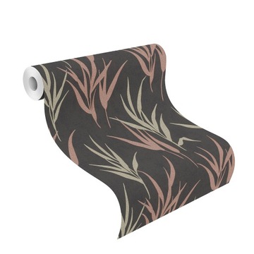 ОБОИ ТРАВА ЛИСТЬЯ ГЛАМУР ЧЕРНЫЕ ОЛИВКО-РОЗОВЫЕ ГЛАМ