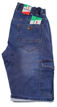 KRÓTKIE SPODENKI MĘSKIE JEANS BOJÓWKI SZORT W GUMKĘ KIESZEŃ W48 PAS 118-140