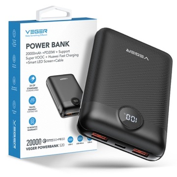 Powerbank VEGER S20 Ładowarka 20000mAh QC 3.0 PD 22,5W mały lekki pojemny