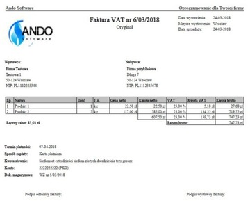 FV ANDO 2024 PL - do wystawiania faktur VAT lub bez VAT - JPK - dożywotnia