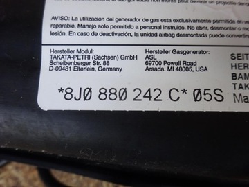 AUDI TT 8J 06-14 AIRBAG ULOŽENÍ VZDUCHOVÁ SEDADLA PRAVÁ 8J0880242C
