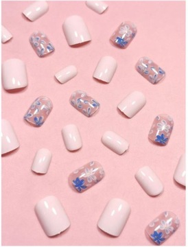 ИСКУССТВЕННЫЕ НОГТИ КОРОТКИЕ КВАДРАТНЫЕ НАСАДКИ С СИНИМИ ЦВЕТАМИ САМОКЛЕЯЩИЕСЯ 24 ШТ.